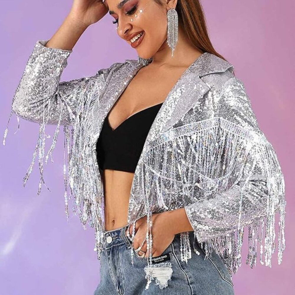 Sparkly Long Sleeve Tassel Blazer Cowgirl Jacket